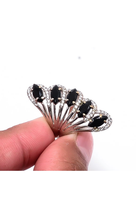 Black Onyx & Cubic Zirconia 925 Sterling Silver Platinum Plated Ring S.6.5 R21