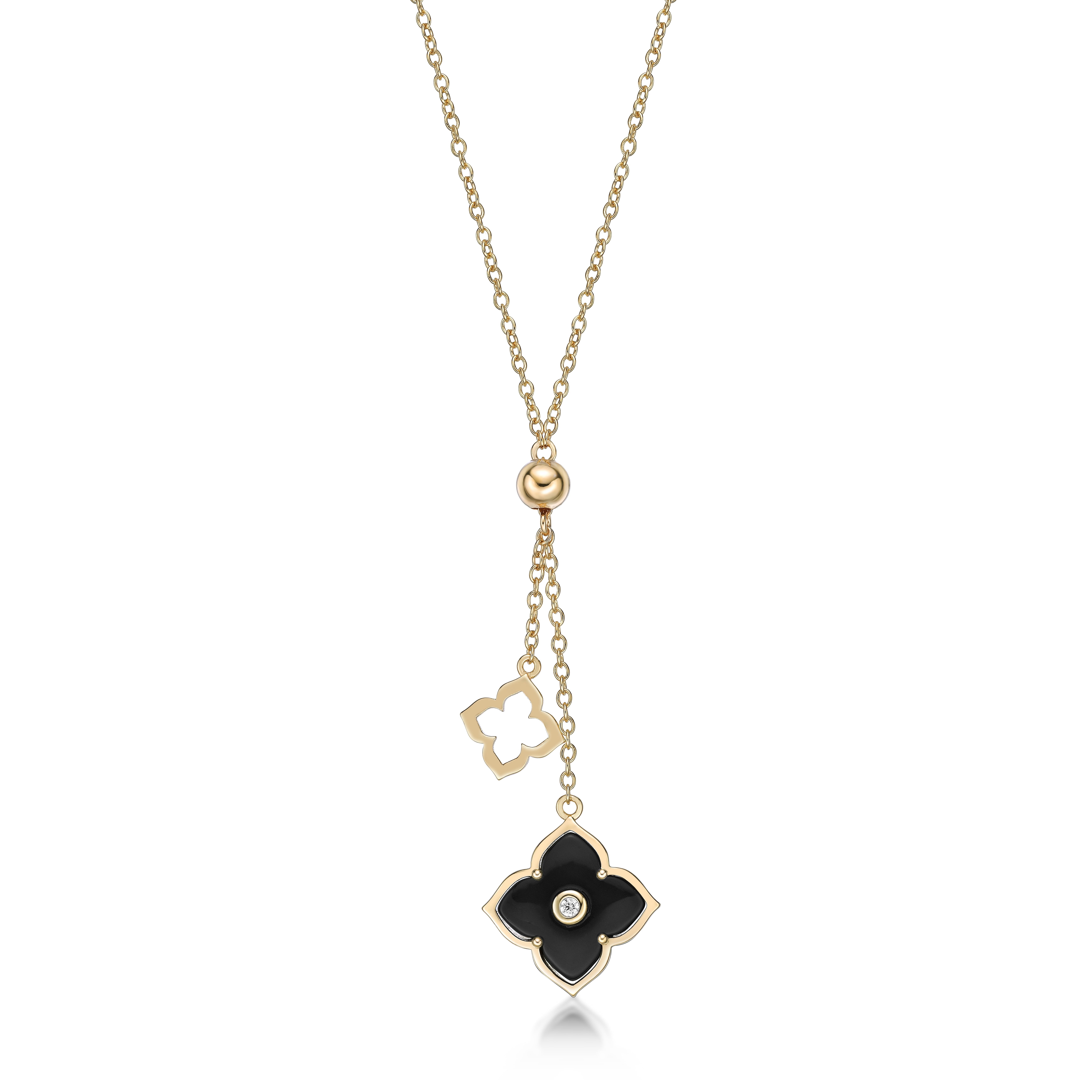 Black Onyx and Cubic Zirconia Double Flower Pendant Necklace in 925 Sterling Silver with Yellow Gold Plating 16 to 18 Inches Adjustable Spring Ring by Lavari Jewelers