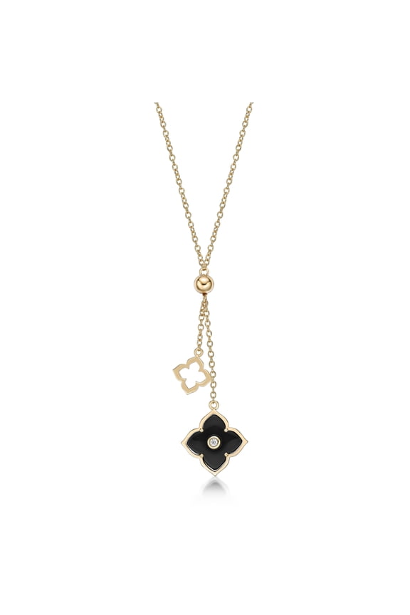 Black Onyx and Cubic Zirconia Double Flower Pendant Necklace in 925 Sterling Silver with Yellow Gold Plating 16 to 18 Inches Adjustable Spring Ring by Lavari Jewelers