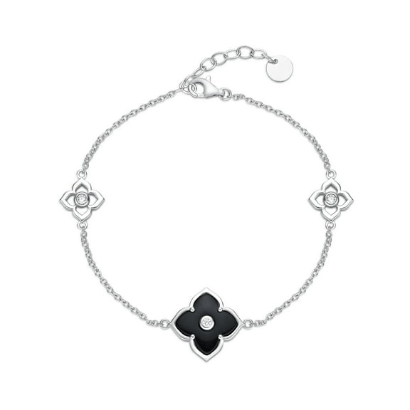Lavari Jewelers Flora Women's Black Onyx Triple Flower Bracelet in 925 Sterling Silver with Cubic Zirconia - 7-8 Inch Adjsutable Cable Chain