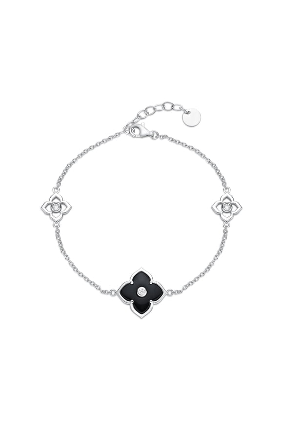 Flora Women's Black Onyx Triple Flower Bracelet in 925 Sterling Silver with Cubic Zirconia - 7-8 Inch Adjsutable Cable Chain