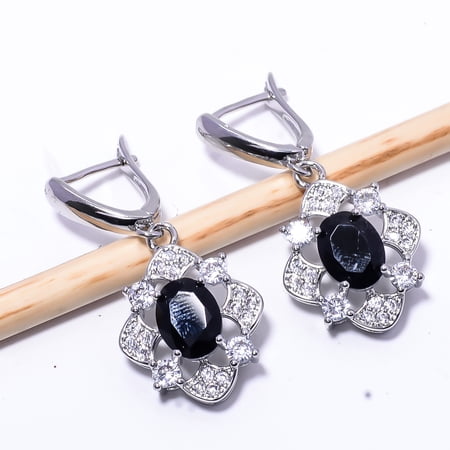 Black Onyx & Cubic Zirconia Gemstone 925 Sterling Silver Earring 1.64" E8 , New Year Gift, New Year Sale, Valentin's Day Gift