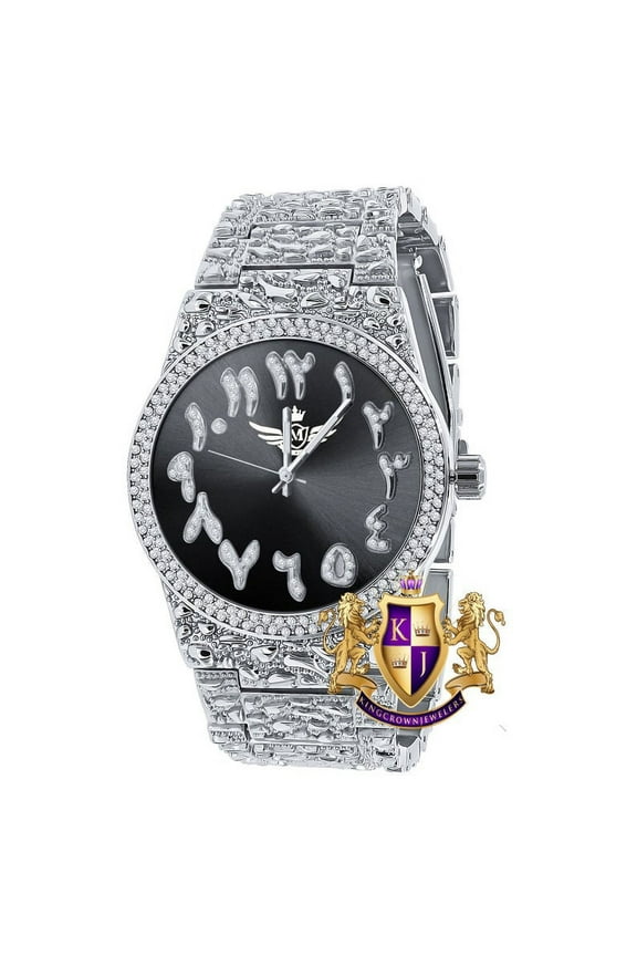 Black Onyx Dial Arabic Numeral Face White Gold Tone Simulated Diamond Nugget Style Men's Steel Watch 44mm