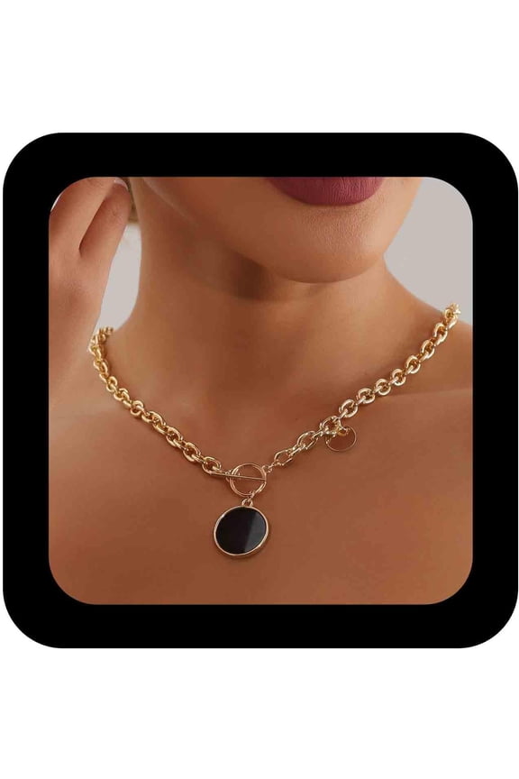Black Onyx Disc Necklace, Chunky Gold Curb Chain, Toggle Clasp, Women's Modern Choker, 1 Count