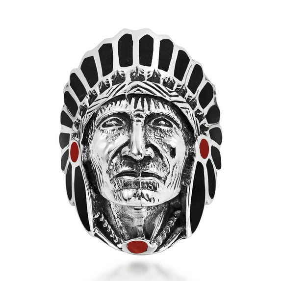 Black Onyx Dot Red Coral Accented Indian Style .925 Silver Ring-10