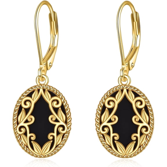 Black Onyx Earrings Gifts for Women Sterling Silver 18K Yellow Gold Plated Black Opal Filigree Boho Dangle Earrings Jewelry Gifts