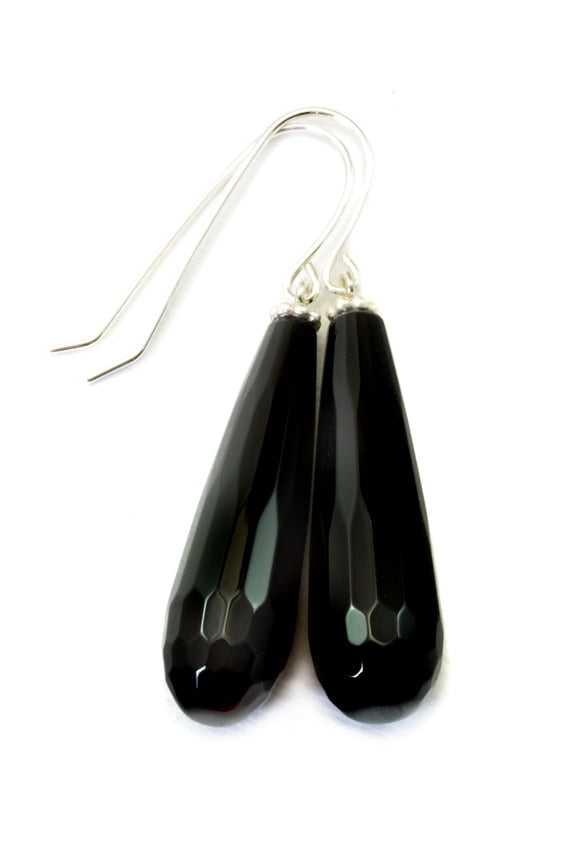 Black Onyx Earrings Long Teardrops Sterling Silver Faceted Cut Simple Dangles Spyglass Designs