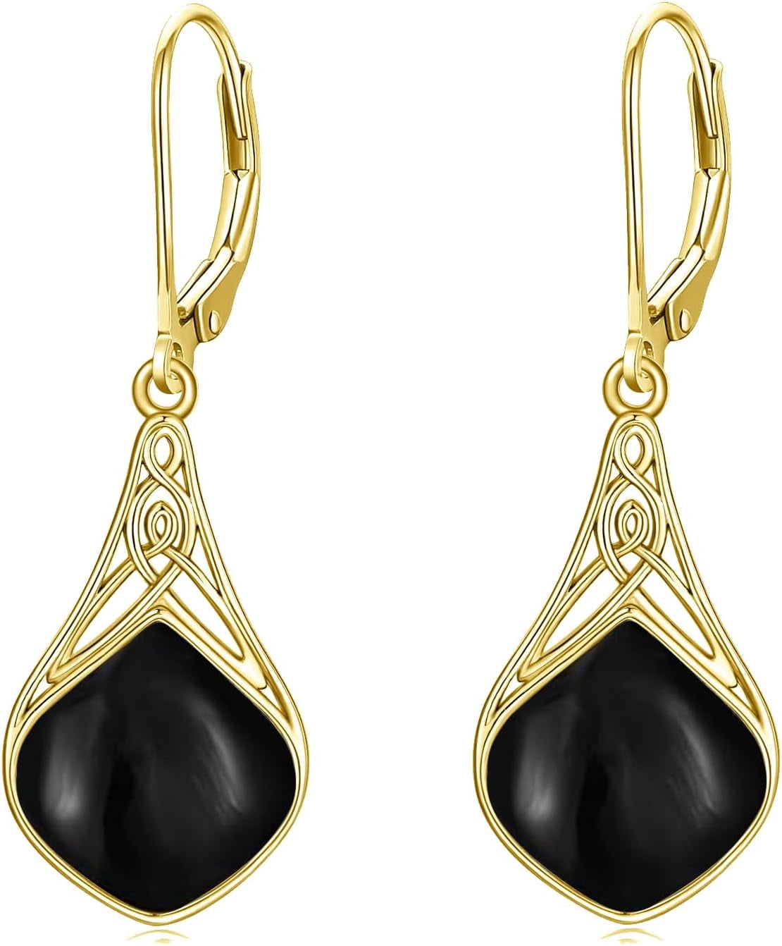 Black Onyx Earrings Yellow Gold Plated 925 Sterling Silver Celtic Knot Teardrop Black Onyx Dangle Drop Earrings Irish Jewelry Gifts for Women