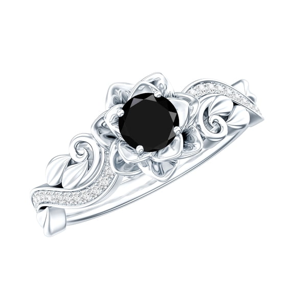 Rosec Jewels Natural Black Onyx Flower Engagement Ring for Women - Black Onyx Diamond Ring - AAA Quality - with Jewelry Box, 10K White Gold, US 7.50