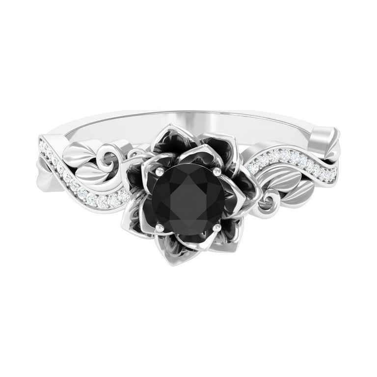 Black Onyx Engagement Ring with Diamond Floral Inspired Black Onyx Ring for Women AAA Quality December Birthstone 14K White Gold US 8.00