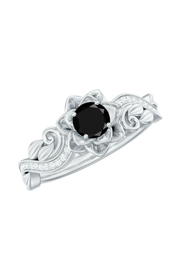 Natural Black Onyx Flower Engagement Ring for Women - Black Onyx Diamond Ring - AAA Quality - with Jewelry Box, 925 Sterling Silver, US 4.00