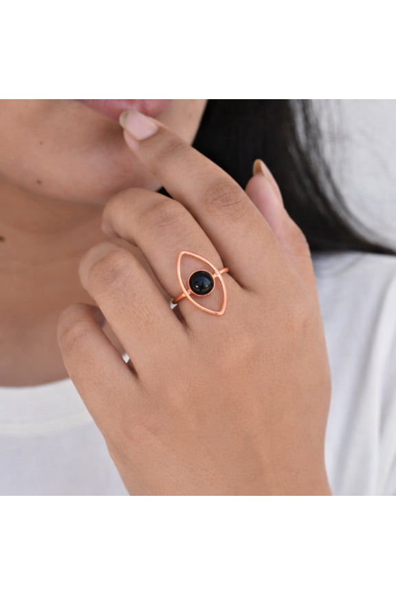 Black Onyx Evil Eye Ring – Solid Pure Copper Minimalist Statement Ring – Boho Gemstone Jewelry