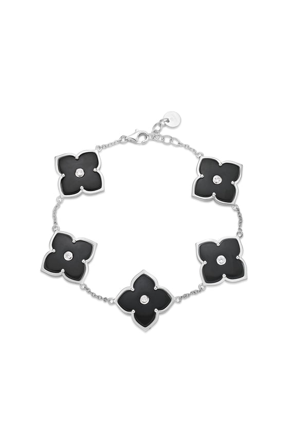 Black Onyx Flower Bracelet in 925 Sterling Silver with Rhodium Plating Adjustable Lobster Claw by Lavari Jewelers