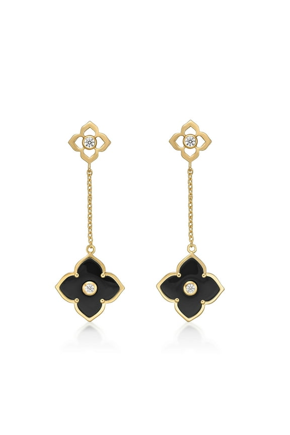 Black Onyx Flower Dangle Drop Earrings for Women in 925 Sterling Silver with Yellow Gold Plating Friction Back by Lavari Jewelers