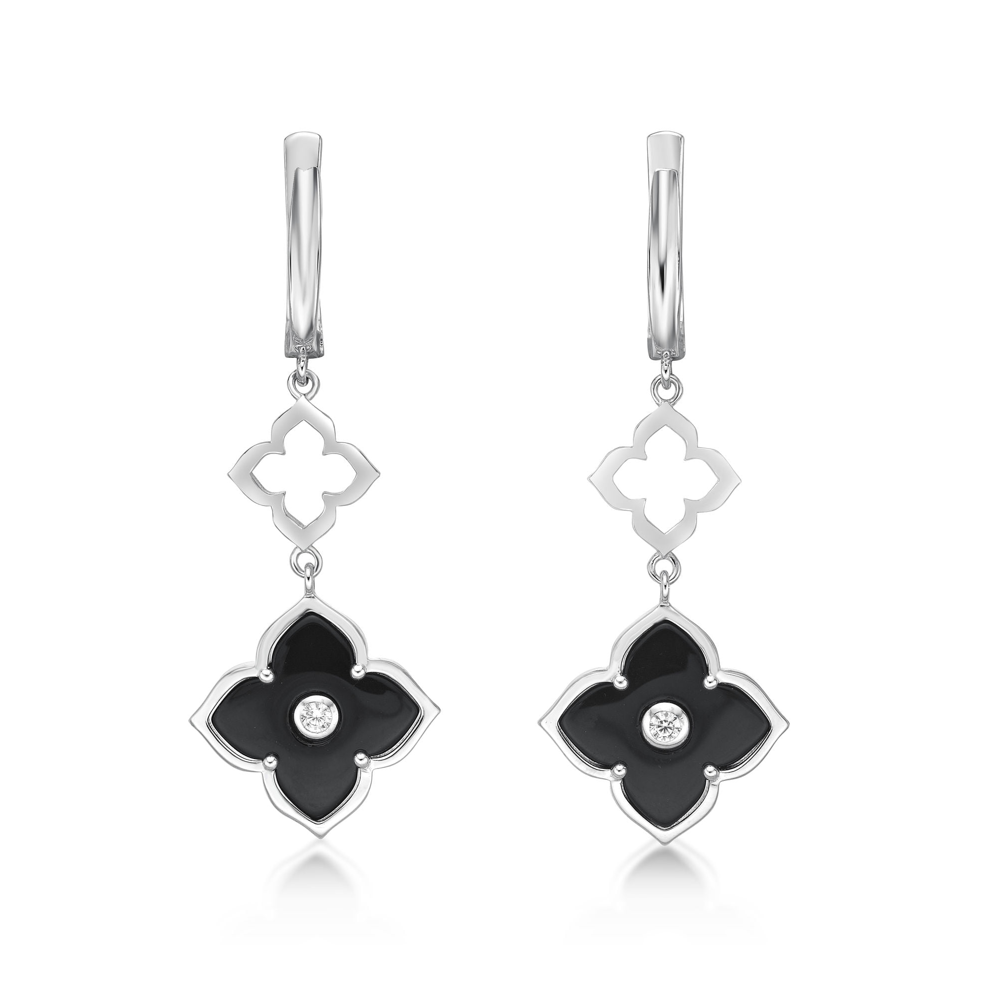 Black Onyx Flower Dangling Drop Earrings for Women in 925 Sterling Silver with Hinged Back by Lavari Jewelers