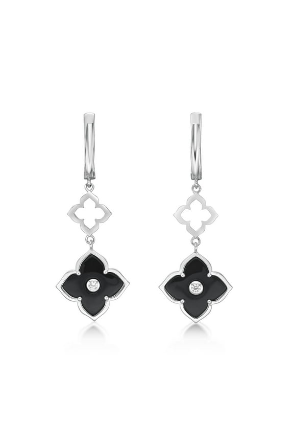 Black Onyx Flower Dangling Drop Earrings for Women in 925 Sterling Silver with Hinged Back by Lavari Jewelers