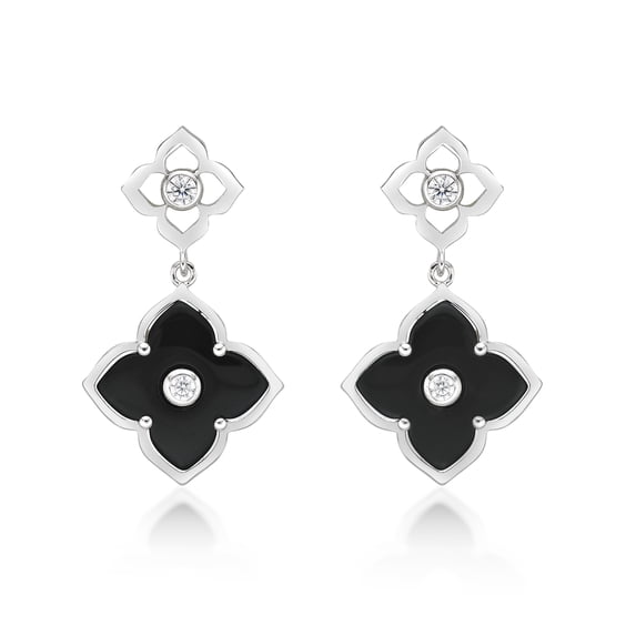 Black Onyx Flower Dangling Drop Earrings for Women in 925 Sterling Silver with Rhodium Plating Post Back by Lavari Jewelers