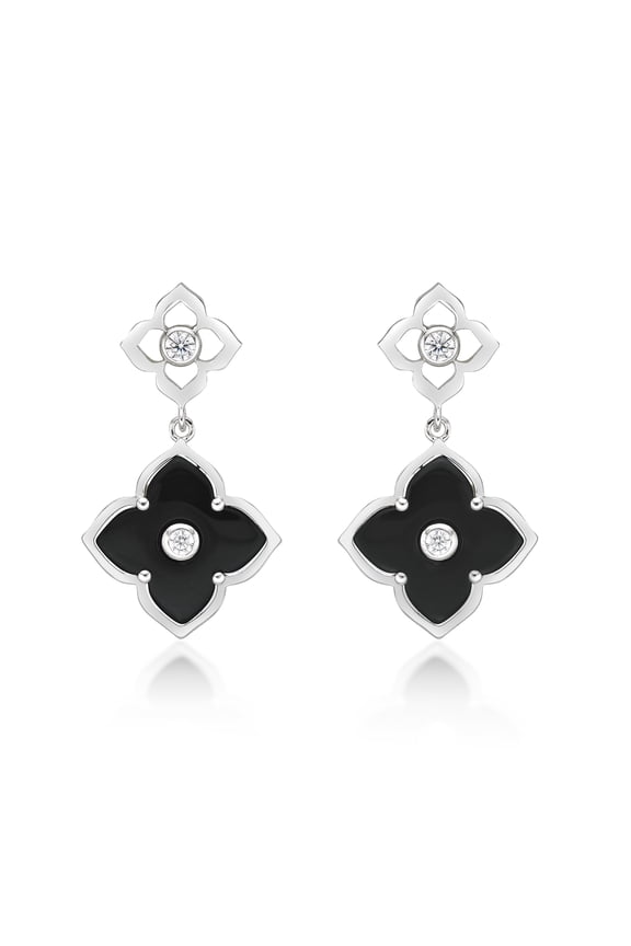 Black Onyx Flower Dangling Drop Earrings for Women in 925 Sterling Silver with Rhodium Plating Post Back by Lavari Jewelers
