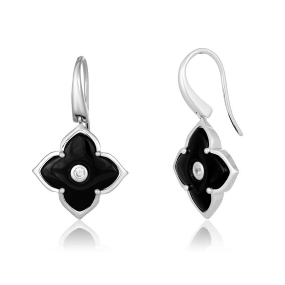 Black Onyx Flower Drop Earrings in 925 Sterling Silver with Rhodium Plating Fishhook 16 mm by Lavari Jewelers