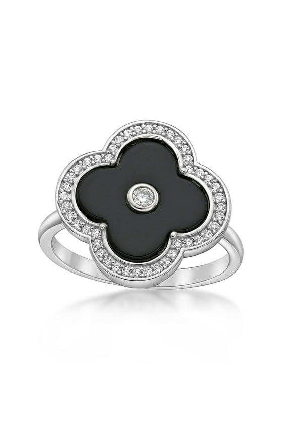 Black Onyx Flower Ring in 925 Sterling Silver with Rhodium Plating Size 10 by Lavari Jewelers