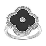 Black Onyx Flower Ring in 925 Sterling Silver with Rhodium Plating Size 6 by Lavari Jewelers