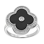 Black Onyx Flower Ring 925 Sterling Silver with Rhodium Plating Size 7 by Lavari Jewelers