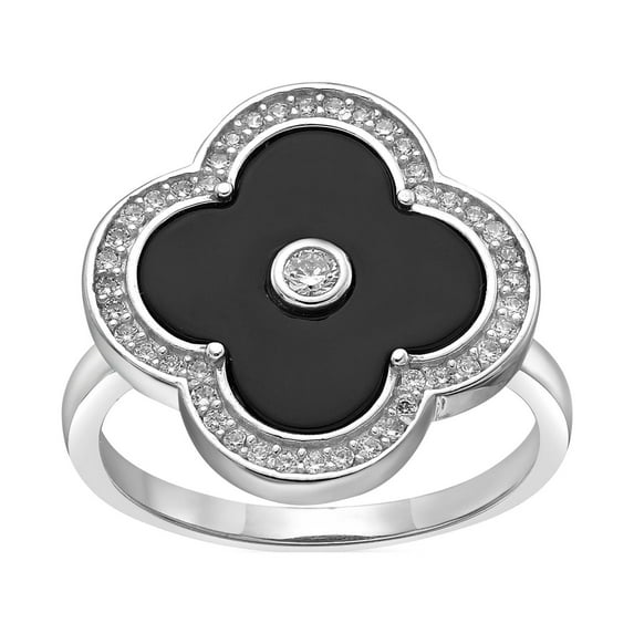 Black Onyx Flower Ring in 925 Sterling Silver with Rhodium Plating Size 7 by Lavari Jewelers