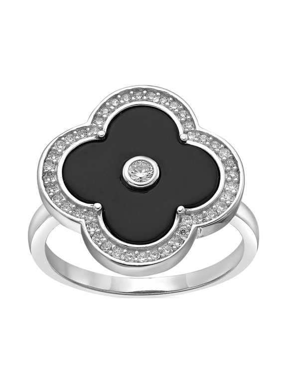 Black Onyx Flower Ring 925 Sterling Silver with Rhodium Plating Size 7 by Lavari Jewelers