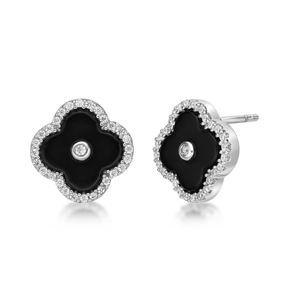 Black Onyx Flower Stud Earrings for Women in 925 Sterling Silver with Rhodium Plating Post Back 11 MM by Lavari Jewelers
