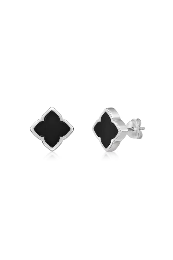 Black Onyx Four Leaf Clover Stud Earrings for Women in 925 Sterling Silver Star Push Back Studs by Lavari Jewelers
