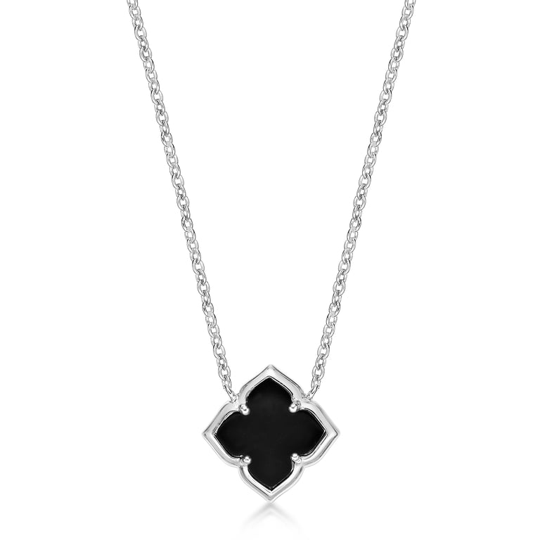 Black Onyx Four Petal Flower Pendant Necklace for Women in 925