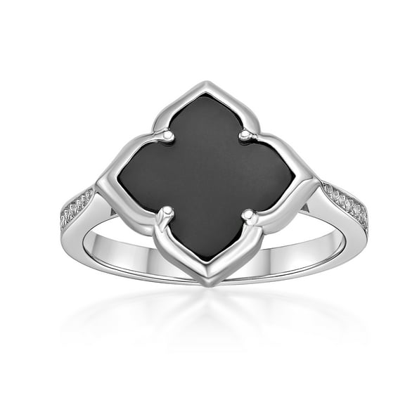 Black Onyx Four Petal Flower Ring for Women with Cubic Zirconia in 925 Sterling Silver Size 6 by Lavari Jewelers