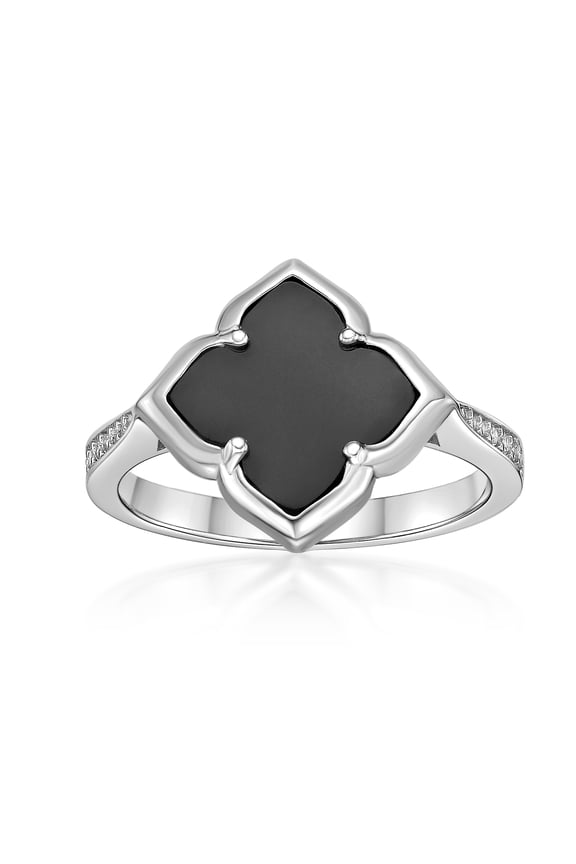 Black Onyx Four Petal Flower Ring for Women with Cubic Zirconia in 925 Sterling Silver Size 8 by Lavari Jewelers