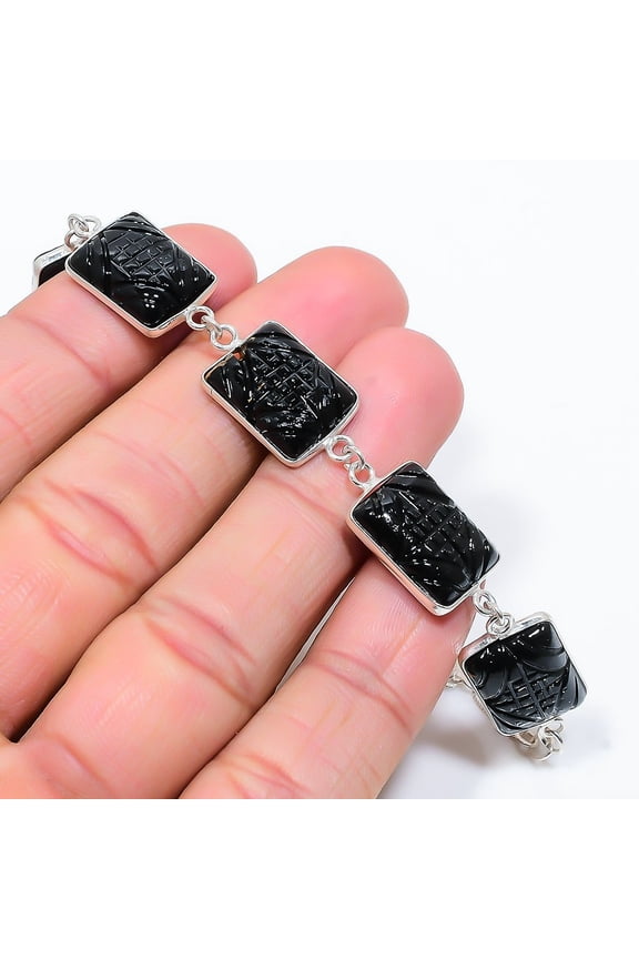 Black Onyx Gemstone Handmade 925 Sterling Silver Bracelet 7-8"