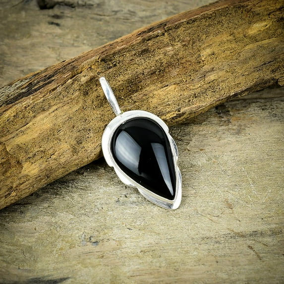 Black Onyx Gemstone Handmade 925 Sterling Silver Jewelry Pendant 1.85"
