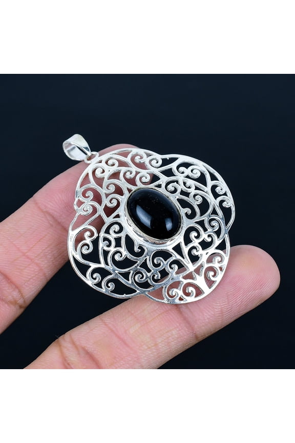 Black Onyx Gemstone Handmade 925 Sterling Silver Jewelry Pendant 2.3" VJ 1070