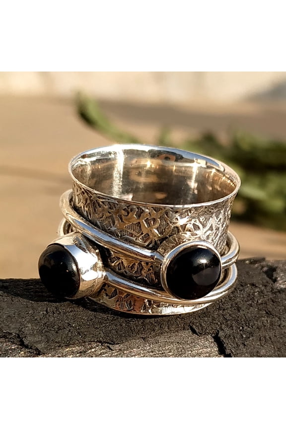 Black Onyx Gemstone Ring | Meditation Ring | Spinner Thumb Ring | Fidget Ring | Silver Antique Ring | Texture Ring | Anxiety Spinning Ring
