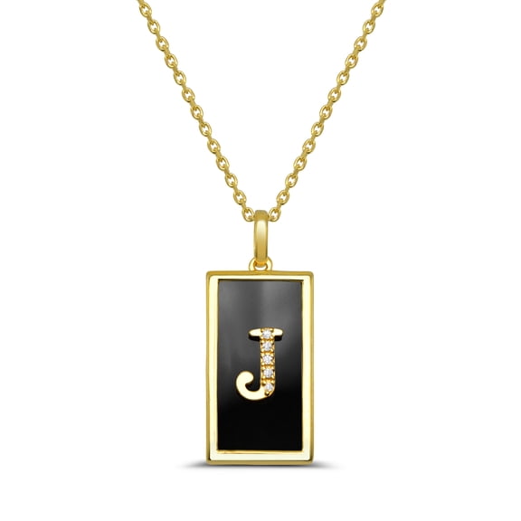Black Onyx Initial Pendant with Diamond Accent set in Yellow Gold over Sterling Silver