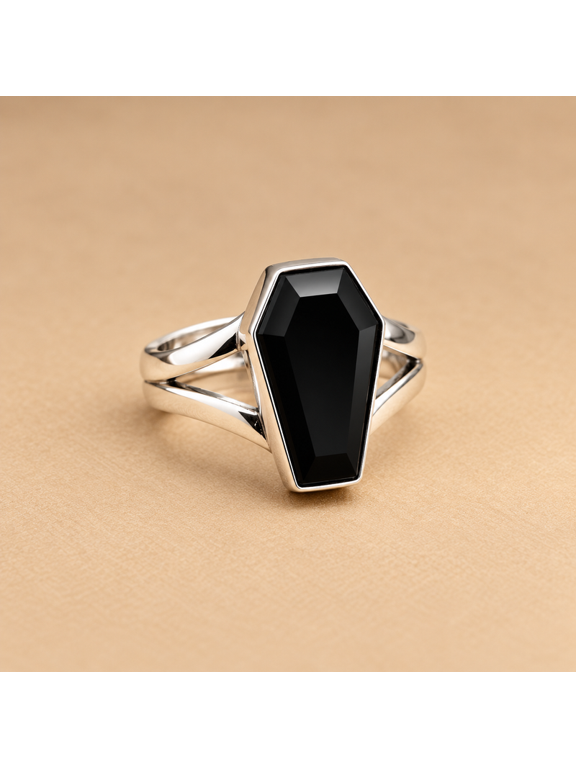 Black Onyx-Inspired Coffin Cut Ring, Silver Tone Fashion Jewelry, Handmade Statement Ring for Women