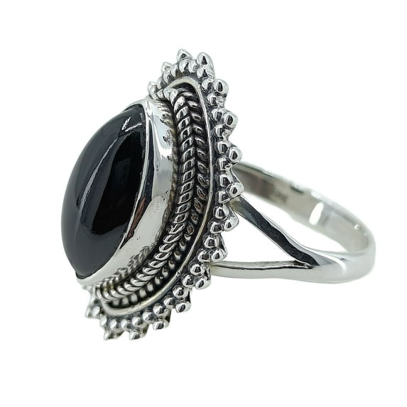 Black Onyx Marquise Sterling Silver Handmade Statement Women Ring, Black Gemstone Jewelry Size 10.0