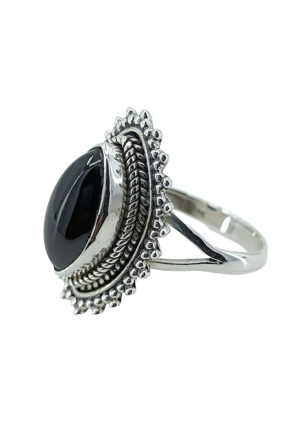 Black Onyx Marquise Sterling Silver Handmade Statement Women Ring, Black Gemstone Jewelry Size 9.0