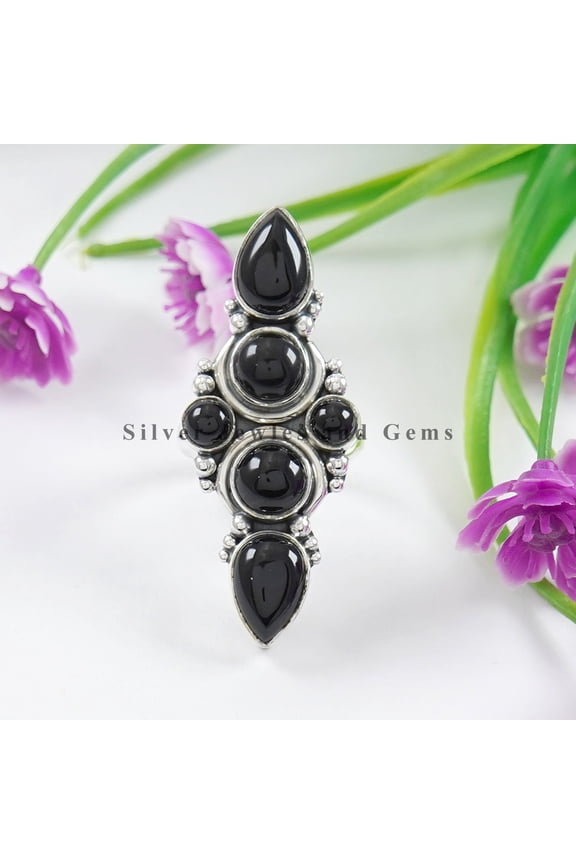Black Onyx Multi Stone Ring, 925 Sterling Silver, Gift for Her, Round Teardrop Black Onyx Ring, Handmade Ring, December Birthstone