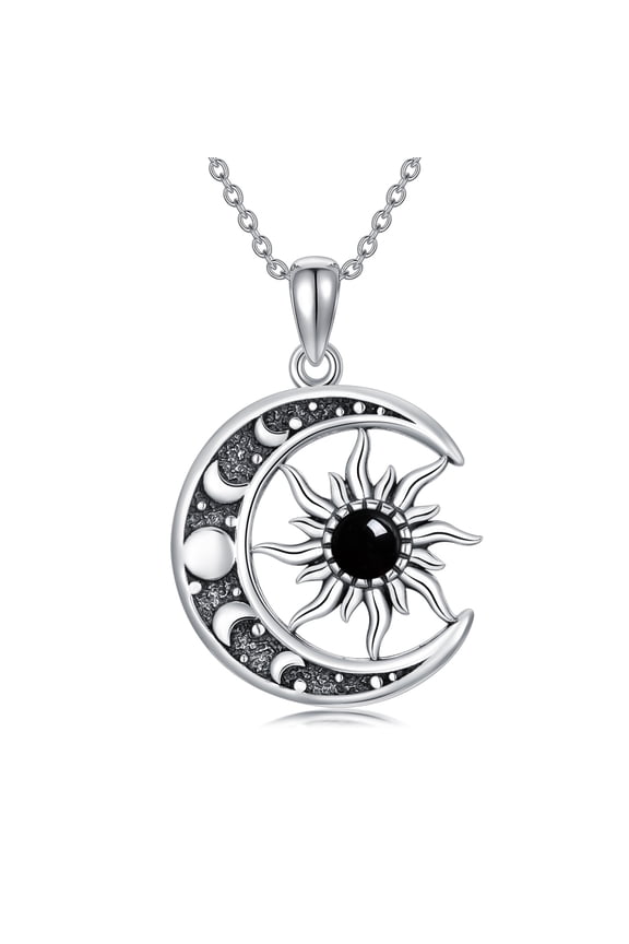 Black Onyx Necklace 925 Sterling Silver Moon Sun Pendant Sun and Moon Jewelry Gift for Women