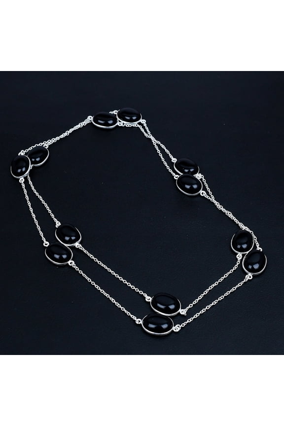 Black Onyx Oval Gemstone  925 Sterling Silver Jewelry Chain Necklace 36" VJ 7373