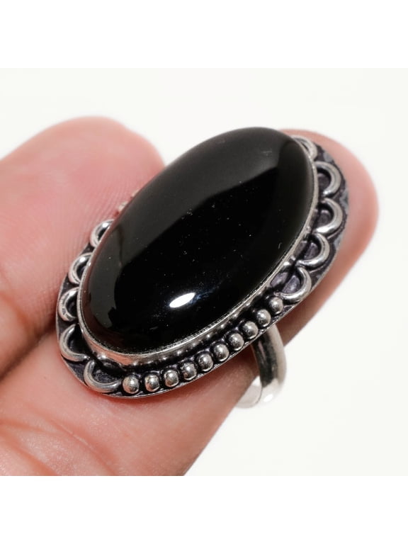 Black Onyx Oval Shape Gemstone Handmade Fashion Ethnic Jewelry Ring 9" SR 645
