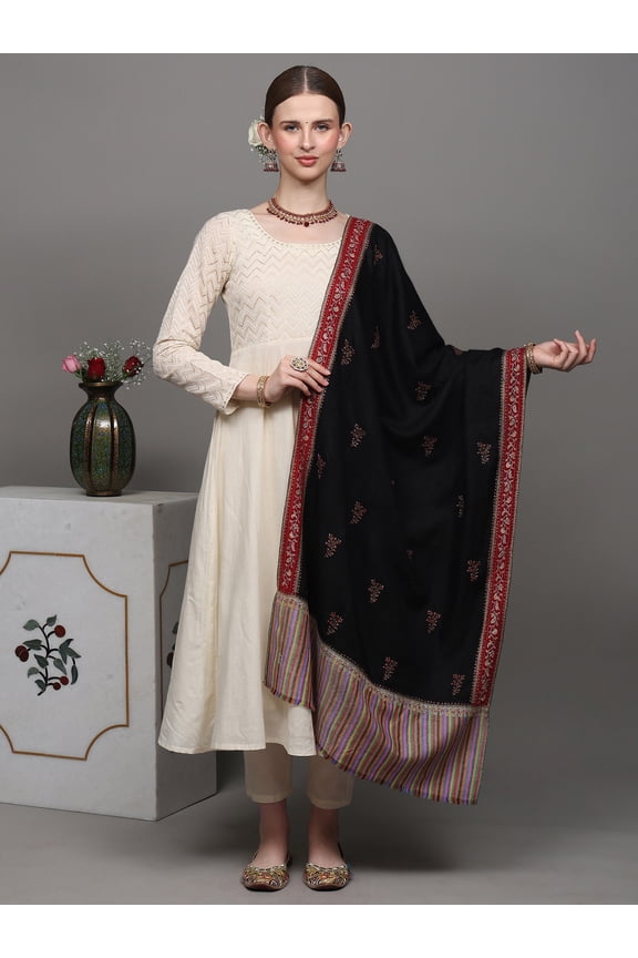 Black Onyx Pashmina Floral Booti Stole - Kani Border Sozni
