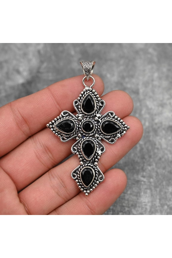 Black Onyx Pendant 925 Sterling Silver Polished Pendant Necklace Black Onyx Gemstone Pendant Necklace Cross Pendant Black Onyx Jewelry Gift For Her