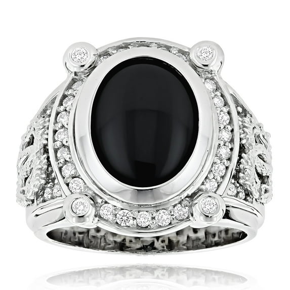 Black Onyx Ring 14K Natural Diamond Onyx Ring (White Gold Size 8.5)