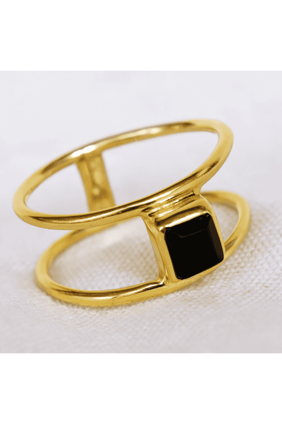 Black Onyx Ring, 925 Sterling Silver with Yellow Gold Finish, Handmade Minimalist Gemstone Ring