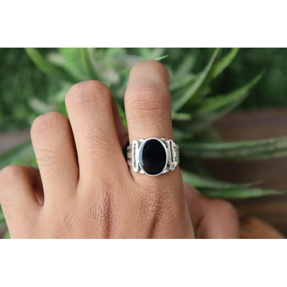 Black Onyx Ring, Gemstone Ring, 925 Sterling Pure Silver Ring, Oval Cut Onyx, Men Ring, Silver Band Ring, Statement Ring, Handmade Ring,****